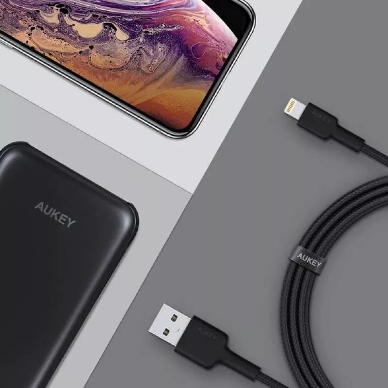 AUKEY CB-AL05 nylonový kábel Lightning na USB-A MFi, 2 m, čierny