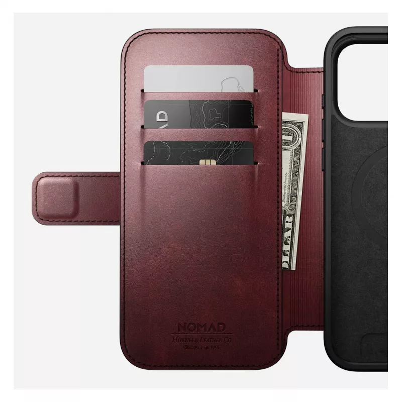 Puzdro na telefón Nomad Modern Leather Folio pre iPhone 17 Pro Max — koža, TPU, PC, hliník, bordová, 16 cm (6,3 palcov)