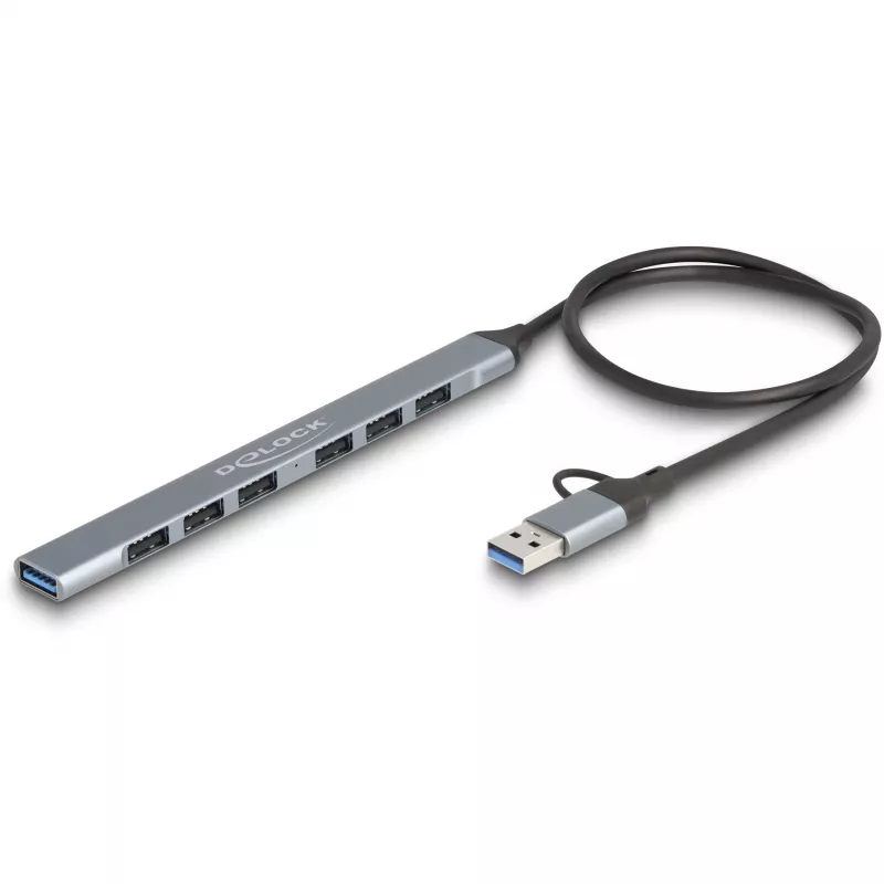 Delock 64273 tenký 7-portový rozbočovač USB, USB Type-C alebo Type-A na 1x USB 5 Gb/s Type-A + 6x USB 2.0 Type-A