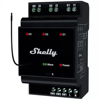 Inteligentné relé Shelly Wave PRO 3 — čierna, plastové puzdro, 110–240 V AC, 50–60 Hz, 0,3 W, 53×59×96 mm