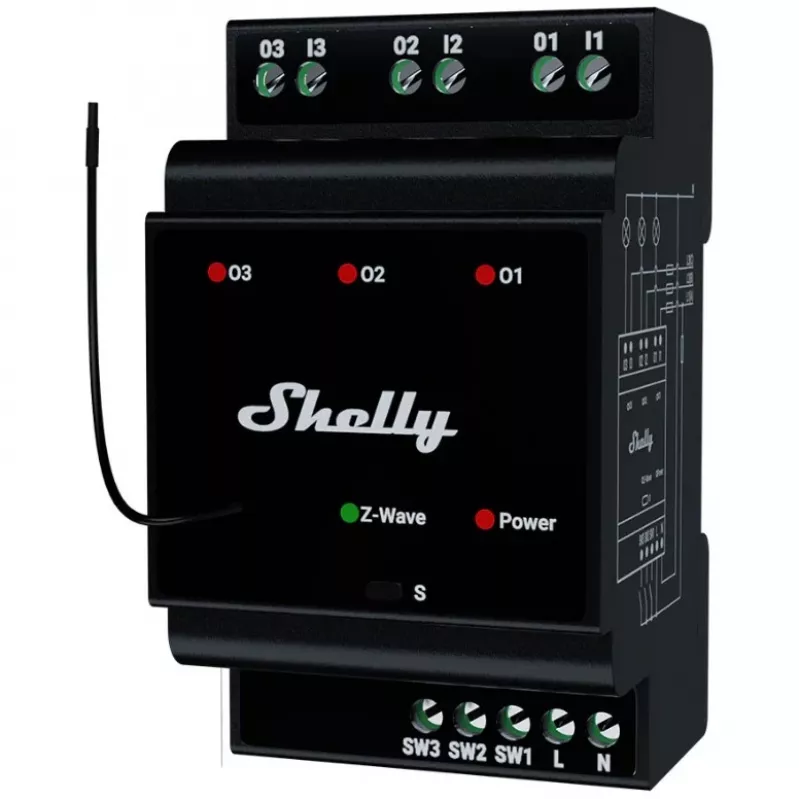 Inteligentné relé Shelly Wave PRO 3 — čierna, plastové puzdro, 110–240 V AC, 50–60 Hz, 0,3 W, 53×59×96 mm