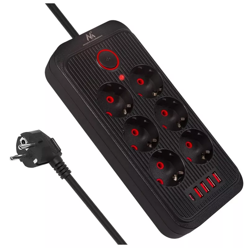 Predlžovacia zásuvková lišta MACLEAN MCE391 B – 6 zásuviek, 4×USB-A + 1×USB-C, 110–240V, 2500W, 3 m kábel, čierna