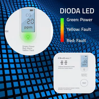 Senzor oxidu uhoľnatého QOLTEC 52577 — alarm na batérie, hladina zvuku 85 dB
