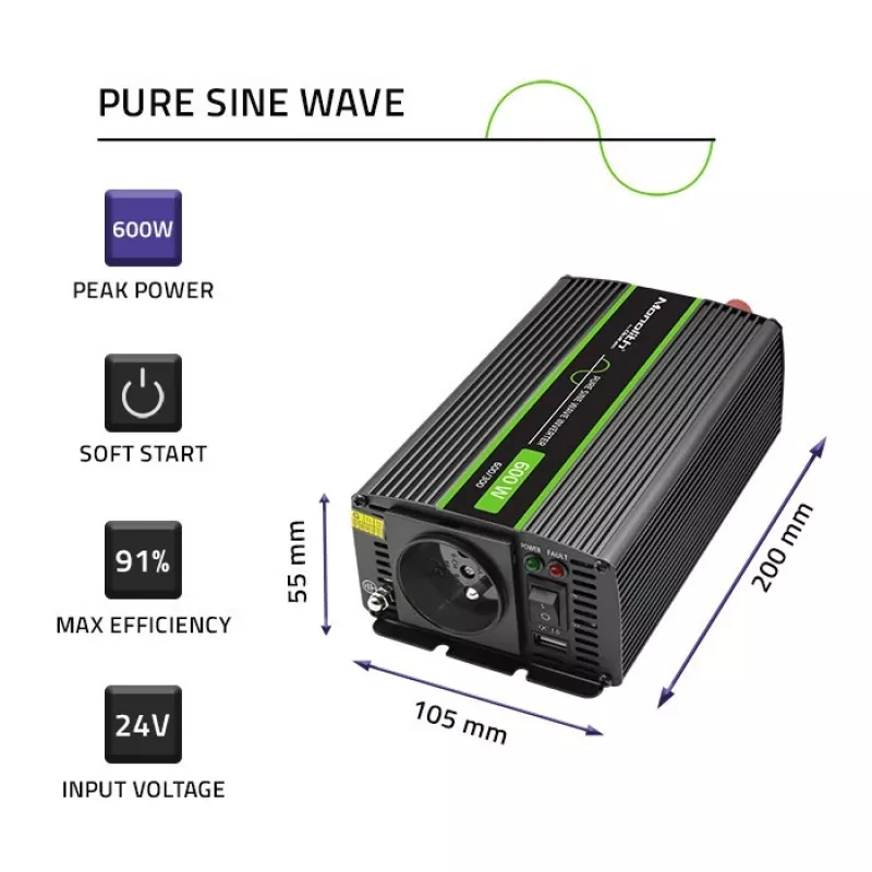Qoltec Monolith napájací adaptér/menič do auta 600 W čierna