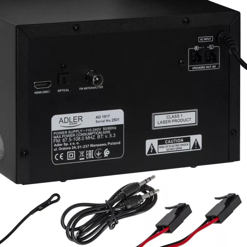 Mini Hi‑Fi stereo systém Adler AD 1917 — Bluetooth V5.3, CD/USB/MP3, 2×25 W RMS, FM tuner, 4‑pásmový ekvalizér, AUX, čierny