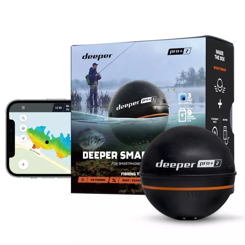 Deeper Smart Sonar PRO+ 2 vrhací sonar na ryby, 100/240/675 kHz, hĺbka 100 m, Wi-Fi, GPS, až 9 h, čierny