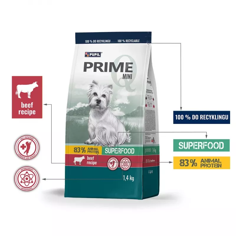 PUPIL Prime Mini bohaté na hovädzie mäso s pečeňou – suché krmivo pre psov – 1,4 kg
