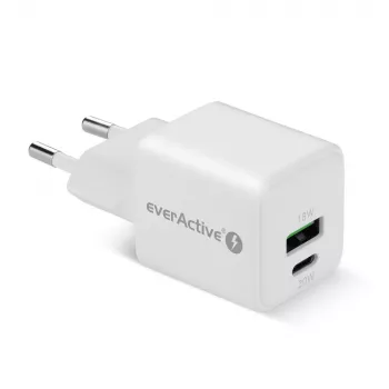 Nástenná nabíjačka everActive SC-330Q s 1x USB-A a 1x USB-C konektormi, 20W, biela