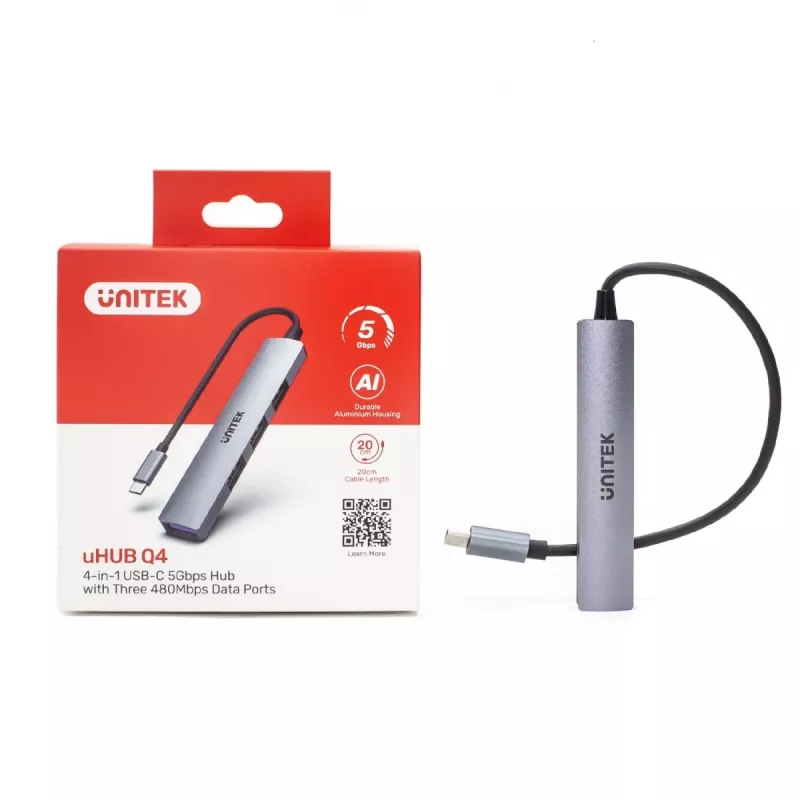 USB-C hub Unitek H1208B — 1x USB-A 5 Gbit/s, 3x USB-A 2.0, USB-C host, hliníkové puzdro, 0,20 m kábel