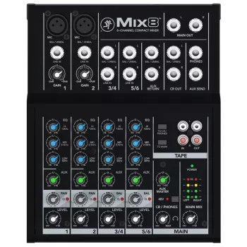 Mixer Mackie Mix8 — 8-kanálový kompaktný analógový mixér, 20 – 30 000 Hz, vstupná impedancia mikrofónu 3800 Ω, 198 × 244 × 53 mm