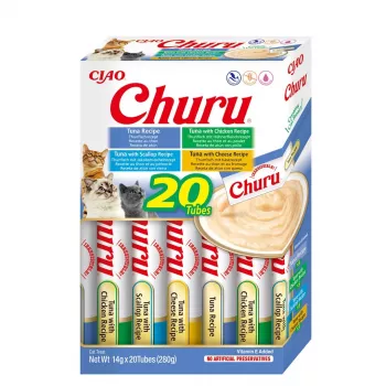 Vlhké maškrty pre mačky INABA Churu výberová krabica – tuniak, 20 x 14 g vrecúška, pasta, vlhkosť 88 %, bielkoviny 8,5 %