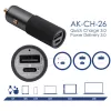 Akyga AK-CH-26 GaN autonabíjačka 12/24 V, 100 W, USB-C PD 3.0 + USB-A QC 3.0, sivá