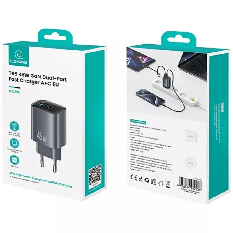 Nabíjačka T66 45W GaN CC290 USB-A + USB-C