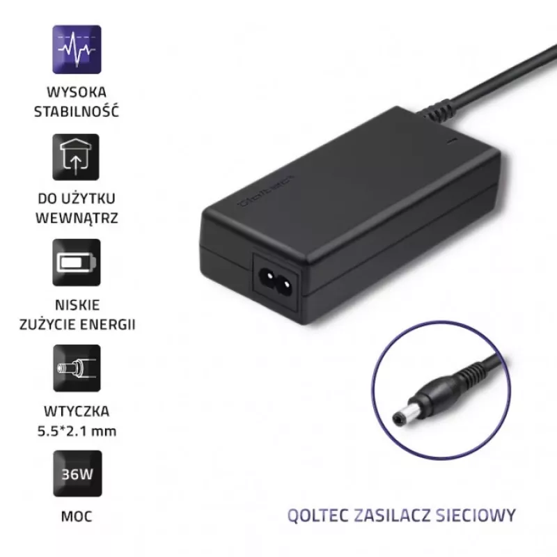 Qoltec 50769 stolný napájací zdroj 36 W, 12 V, 3 A, 5,5 x 2,1 mm, s napájacím káblom