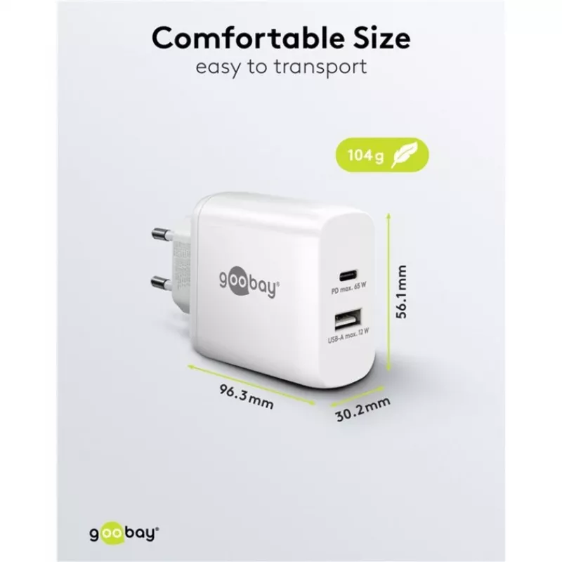 USB-C duálna rýchlonabíjačka, PD, GaN, 65 wattov (biela, 1x USB-C, 1x USB-A, Power Delivery)