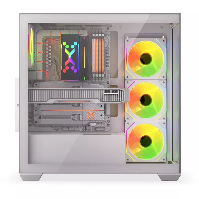 PC skriňa KRUX Exo Midi Tower, ATX/micro-ATX/mini-ITX, 2x tvrdené sklo, USB-C, 4 ventilátory 120 mm, 2 pozície 3,5 palca + 2 pozície 2,5 palca, grafická karta do 40,5 cm, biela