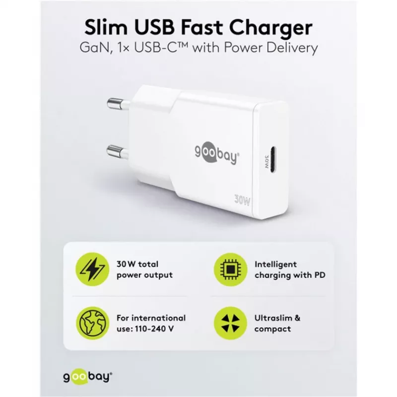 USB-C PD GaN slim rýchlonabíjačka (30 W) (biela)