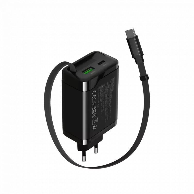 Nabíjačka CANYON OnCharge 65RC s integrovaným USB-C káblom, 65 W, 1x PD, 1x QC, EU zástrčka, čierna