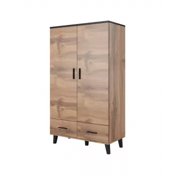 Šatníková skriňa cama meble LOTTA 2D2D, 2-dverová, rám dub Wotan, matné čierne fronty, 1100×550×1900 mm