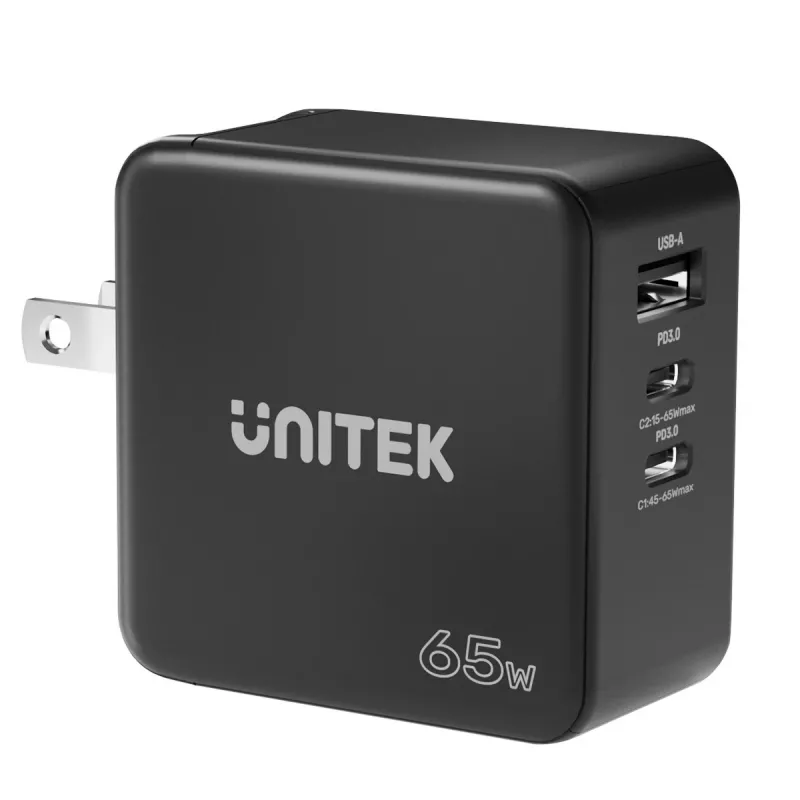 Unitek P1117B USB-C PD 65W univerzálna mobilná nabíjačka, 2x USB‑C PD + 1x USB‑A, čierna