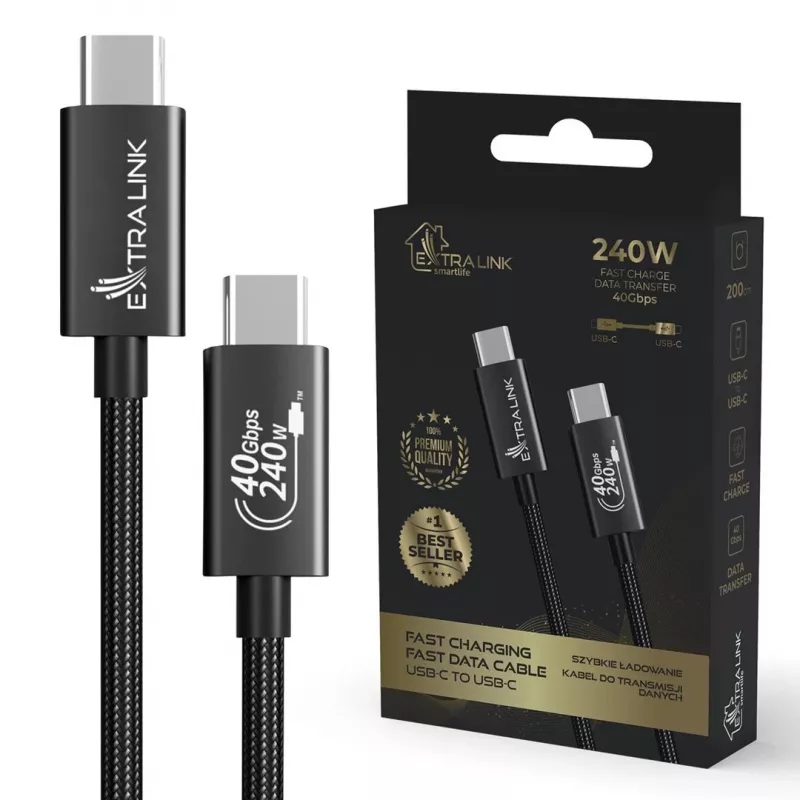 Extralink Smart Life CABESL05 kábel USB-C – USB-C, opletený, 240 W, 40 Gbps, 2 m, čierny