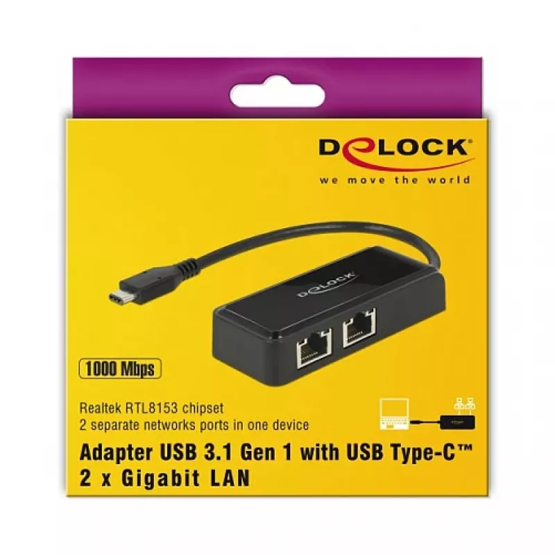 DeLOCK 63927 Adaptér USB-C na 2x Gigabit LAN, čierny