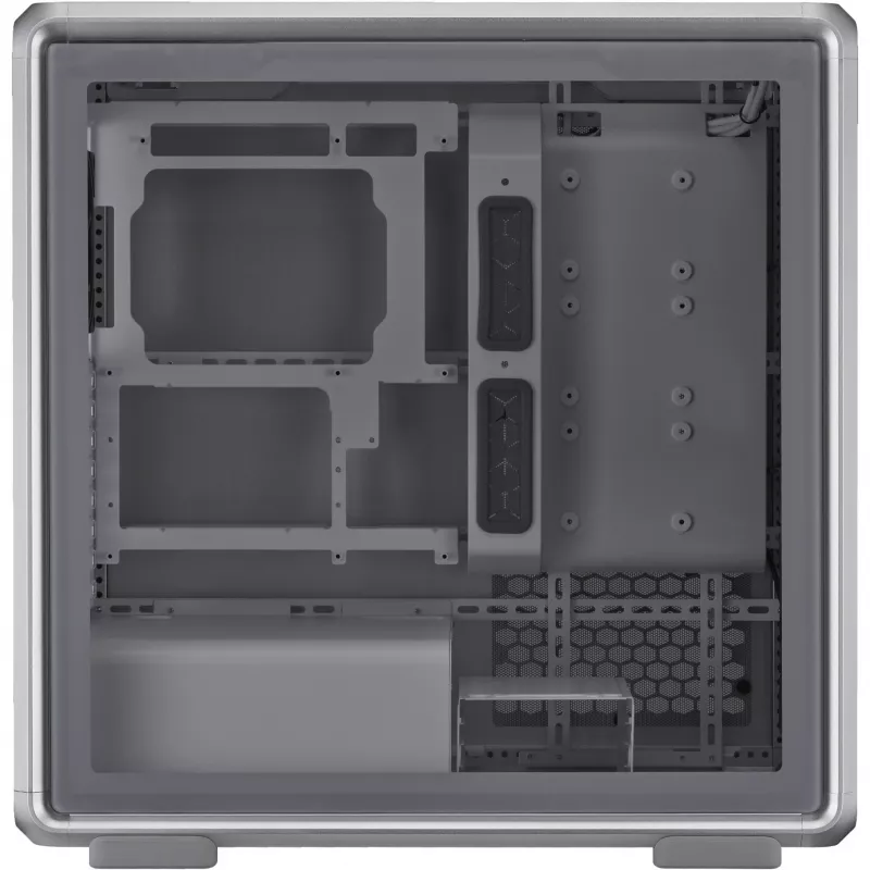 PC skriňa Cooler Master MasterFrame 600 Midi Tower strieborná — ATX/Micro-ATX/ITX, tvrdené sklo, podporuje 3x140 mm predné ventilátory