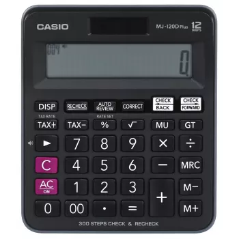 Stolná kalkulačka CASIO MJ-120D PLUS — jednoduchá 12-miestna, batéria/solár, 35 tlačidiel, daň a druhá odmocnina, čierna