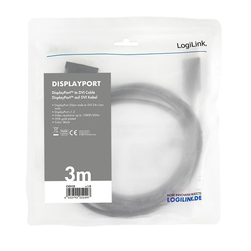 Adaptér video kábla LogiLink CV0132 DisplayPort na DVI 3m čierny