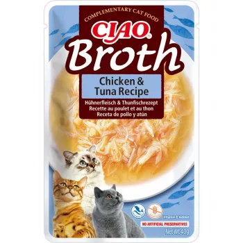 Vlhké maškrty pre mačky INABA Ciao Broth kura a tuniak 40 g – mäsová tekutá maškrta vo vrecúšku, bielkoviny 9,4 %, vlhkosť 88 %
