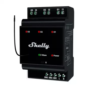 Smart relé na lištu Shelly WavePro3 3-kanálové Z-Wave, 110–240 V, 25 A na kanál, AES-128, montáž na DIN lištu