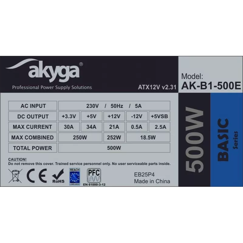 Akyga AK-B1-500E Basic 500 W ATX napájací zdroj, pasívne PFC, 120 mm ventilátor, sivý