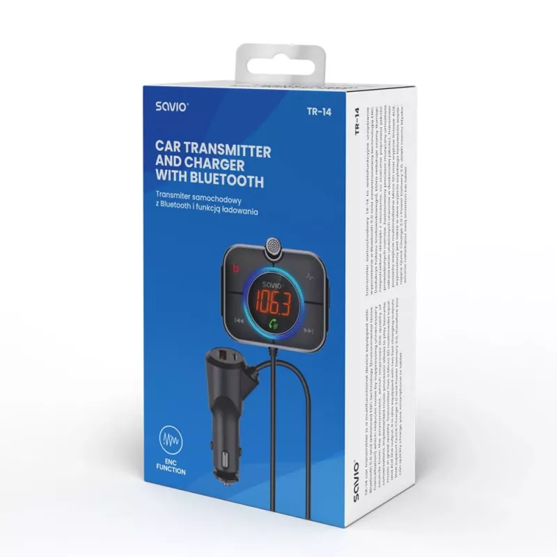 FM vysielač SAVIO TR-14 Bluetooth USB, FM 87,6–107,9 MHz, MicroSD, USB-C, 12 V napájanie z auta