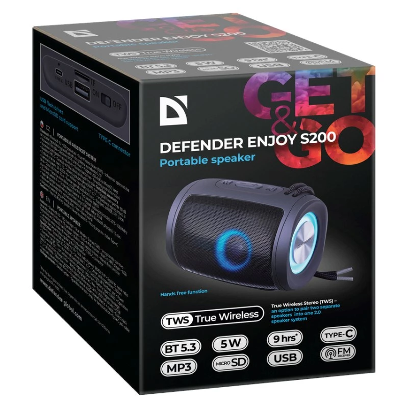 DEFENDER Enjoy S200 65200 prenosný reproduktor Bluetooth, TWS, 5 W, LED osvetlenie, FM, microSD, batéria 10 h, čierny