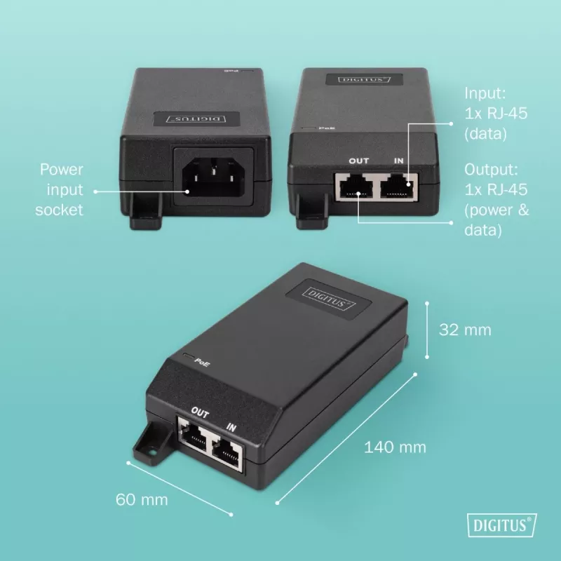 Digitus Gigabit Ethernet PoE+ injektor 802.3at 30 W čierna