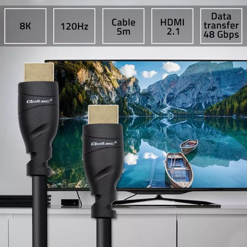 HDMI 2.1 kábel QOLTEC 5 m — 48 Gbit/s, 8K@60Hz, 26AWG, pozlátené konektory