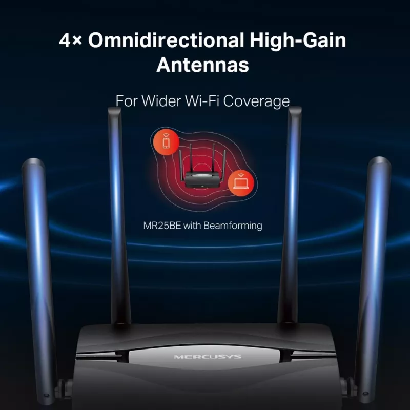 Stolný router MERCUSYS MR25BE EasyMesh Wi‑Fi 7 Dual‑Band 2,4/5 GHz, 3600 Mbit/s, 3× Gigabit-LAN, 4 externé antény