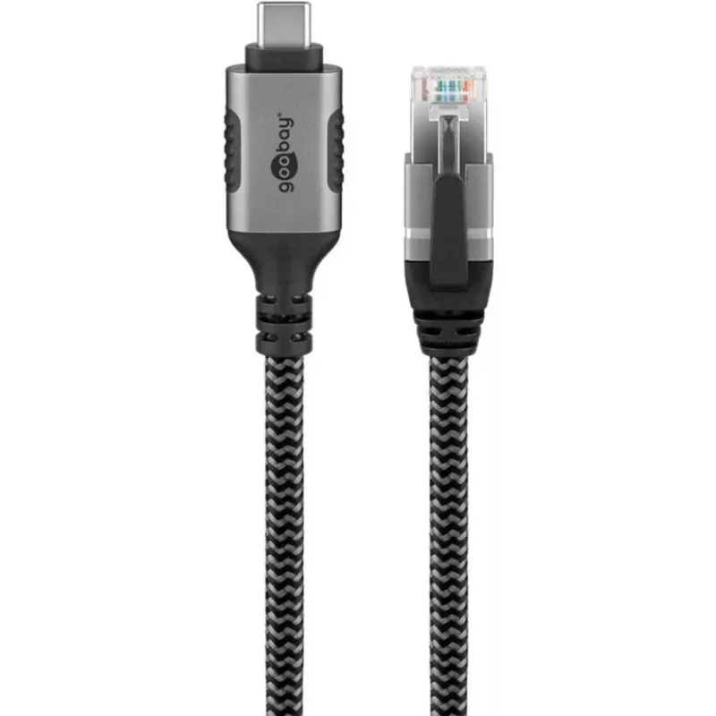 Ethernetový kábel USB-C 3.2 Gen2 konektor samec > RJ-45 konektor samec, LAN adaptér čierny/strieborný, 3 metre, pletený textilný plášť