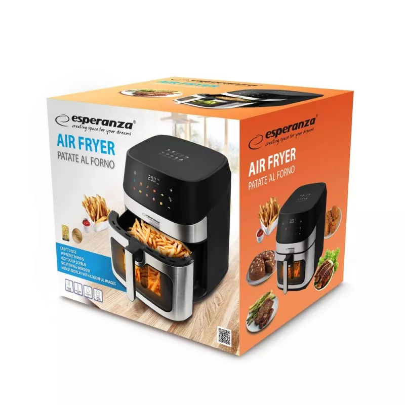 Teplovzdušná fritéza ESPERANZA EKA005, objem 8 l, 1600 W, dotykové ovládanie, 10 programov, nerez, čierna