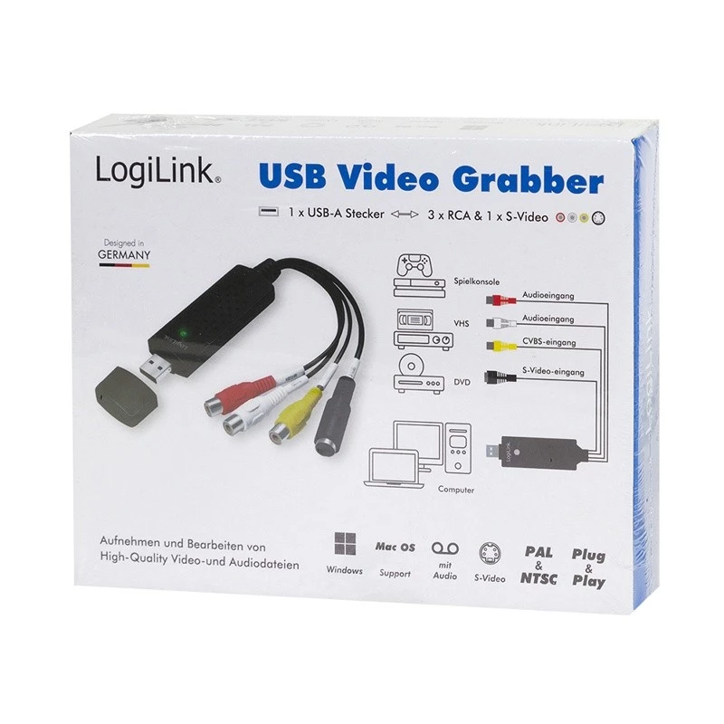 LogiLink USB 2.0 A/V grabber. USB A/M na 3xCinch + MiniDIN5/F. čierny