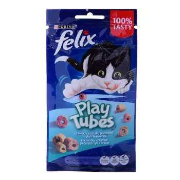 Suchá mačacia maškrta Felix Play Tubes ryba a krevety 50 g – maškrty v tvare rúrok pre dospelé mačky, 35 % bielkovín, 19,5 % tukov