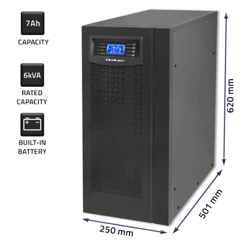 Qoltec 53982 online UPS s čistým sínusovým výstupom, 6 kVA / 4,8 kW, LCD, USB