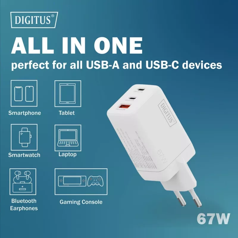 Nástenná nabíjačka DIGITUS DA-10303 67W GaN, 2× USB-C + 1× USB-A, 100–240V, biela