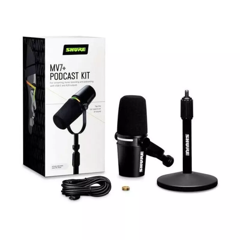 Shure MV7+-K-BNDL - mikrofón pre rečníkov/spev s XLR/USB-C konektorom, čierny + stojan na stôl GATOR