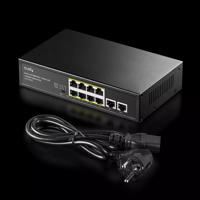 Sieťový switch Cudy FS1010PG — 10/100 Mbps, 8 PoE portov, 2 Uplink, 120W PoE rozpočet, kovové puzdro