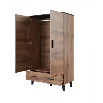 Šatníková skriňa cama meble LOTTA 2D2D, 2-dverová, rám dub Wotan, matné čierne fronty, 1100×550×1900 mm