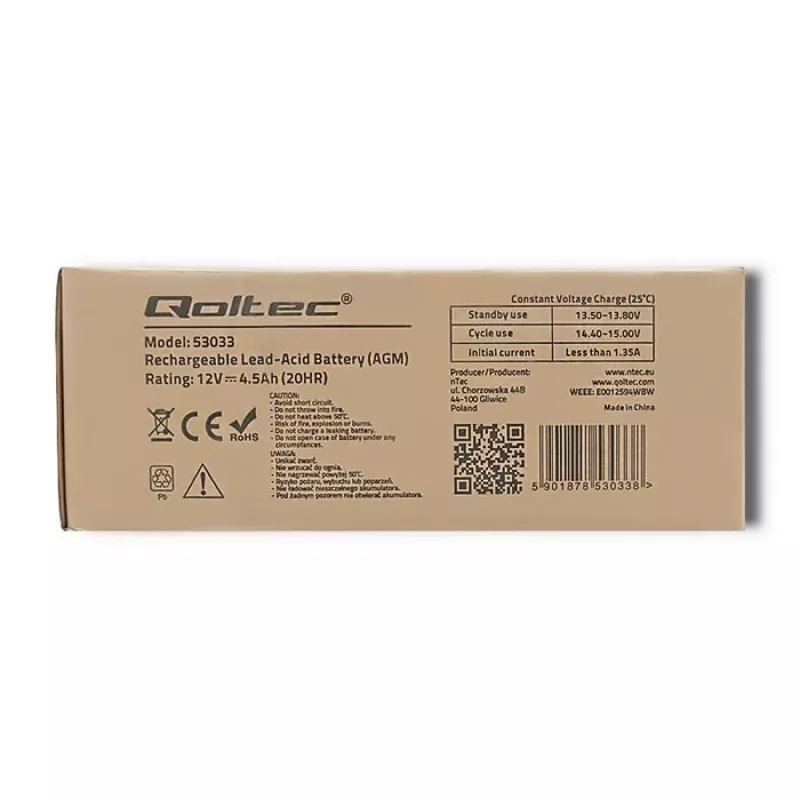 Qoltec 53033 AGM batéria 12 V 4,5 Ah, max. 1,35 A, bezúdržbová
