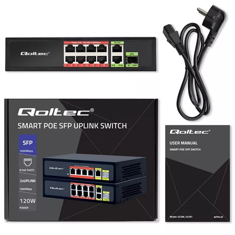 Ethernet switch QOLTEC 52297 PoE RJ45 s PoE uplink a SFP portom