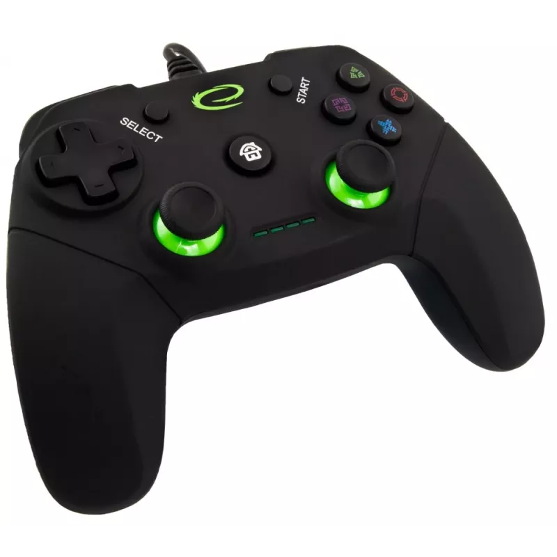 Esperanza EGG110K Vanquisher drôtový USB gamepad pre PC/PS3, s vibráciami, 12 tlačidiel, 2 analógové páčky, čierno-zelený