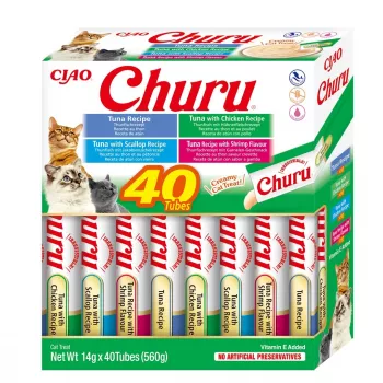 Vlhké krmivo – maškrty INABA Churu Variety Box – tuniak, 40 × 14 g vrecúška s pastou, bez obilnín, bez lepku